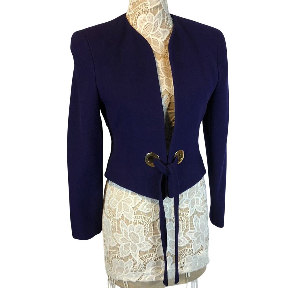 1980s Vintage Purple Wool Cashmere Cropped Blazer Gold Grommet Jacket USA Small - Picture 6 of 13